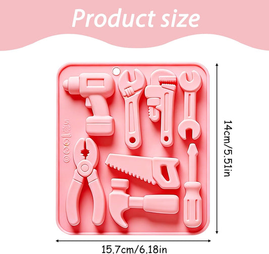 Silicone Tool Mold Set for Cake Decorating, Construction Theme, Pink, 14cm x 15.7cm, Includes Hammer Wrench Saw Pliers Drill Screwdriver