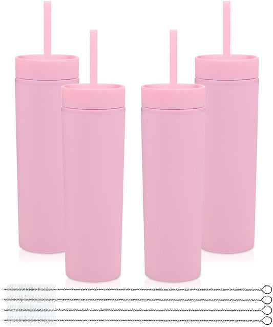 Volhoply 16oz Plastic Skinny Tumbler With Lid and Straw Bulk 4 Pack,Insulated Double Wall BPA Free Matte Acrylic Tumblers,Iced Coffee Travel Mug Reusable Party Cup,Customizable Diy Gifts(Pink,4 Set)