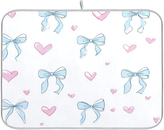 Light Blue Bows Pink Hearts Dish Drying Mat Absorbent Dishes Drainer Rack Mats Microfiber Reversible Dish Drying Pad Fast Dry Kitchen Accessories 16x18in For Kitchen Counter