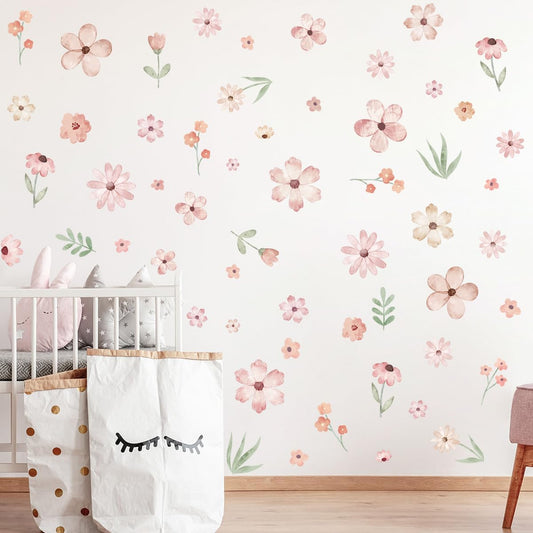 Boho Flower Wall Decals，Pink Watercolor Flower Art，Wildflower Wall Decals，Girls Bedroom Removable Sticker，Nursery Kids Room Decor Vinyl Murals DIY Cute Decorations
