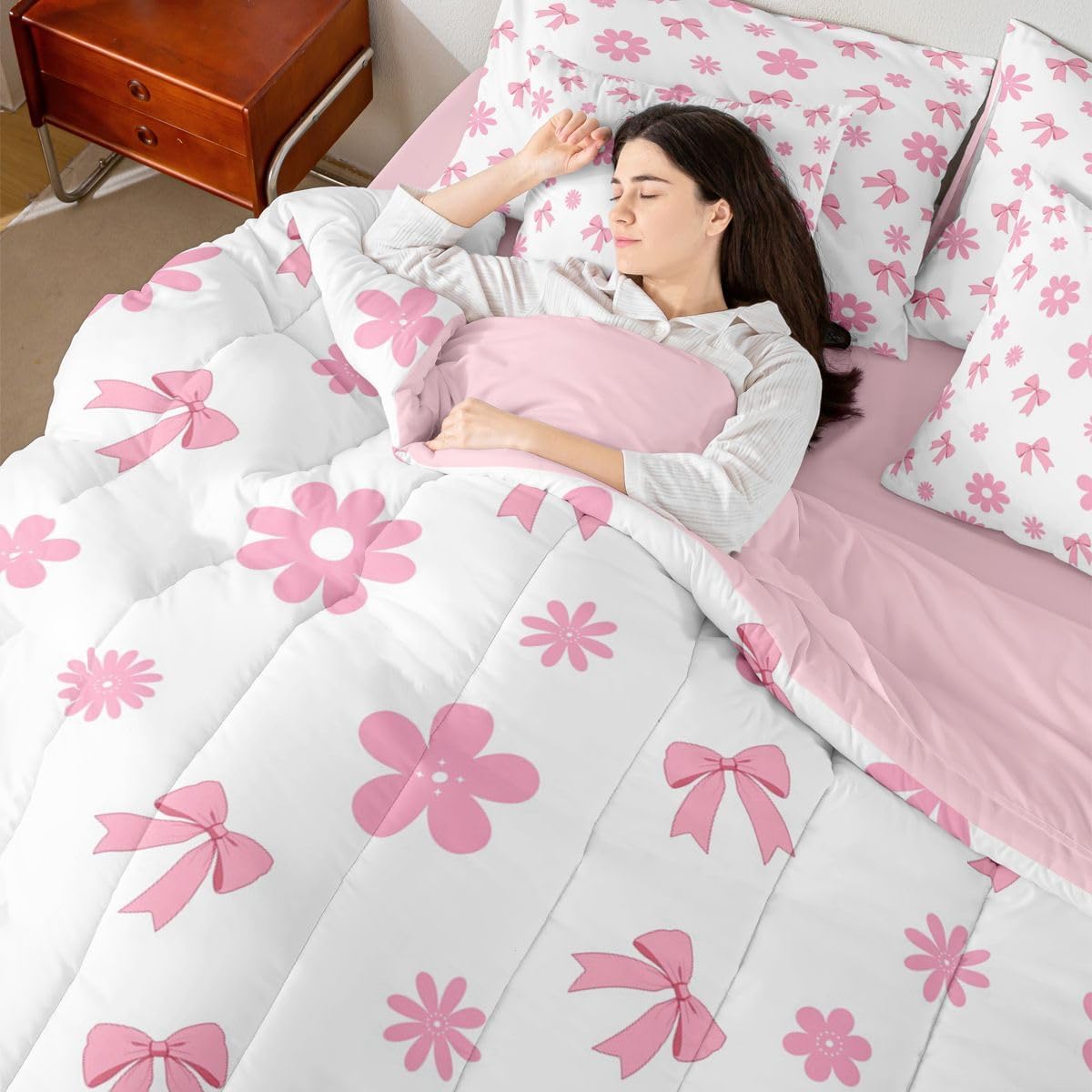 Feelyou Cute Bow Twin Comforter Set with Sheets for Kids Boys Girls Kawaii Flower Floral 7 Pieces Bedding Set Pink Bed in a Bag Room Decor Soft Lightweight Microfiber
