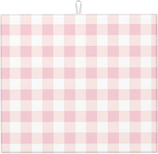 Pink Checkboard Print Microfiber Dish Drying Mat for Kitchen Counter 16x18 in Super Absorbent Drying Pad for Countertops, Sinks, Draining Racks with Hanging