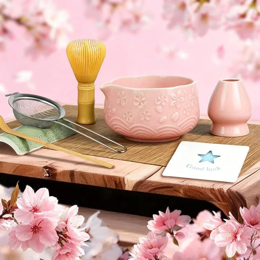 6pcs Matcha Whisk Set Includes Resin Matcha Whisk,Ceramic Matcha Bowl Set and Sifter,Matcha Whisks Holder,Natural Bamboo Spoon and Tea Towel for Matcha Starter Kit Lovers (Pink)