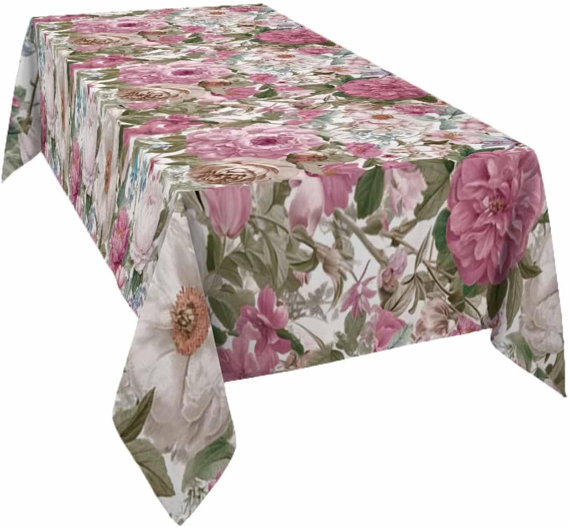 Light Pink Spring Floral Rectangle Tablecloth Waterproof & Stainproof Tablecloths, Vintage Summer Botanical Wipeable Table Cloth for Round/Rectangle/Oval/Square/Dining/Party/Wedding, 60x120