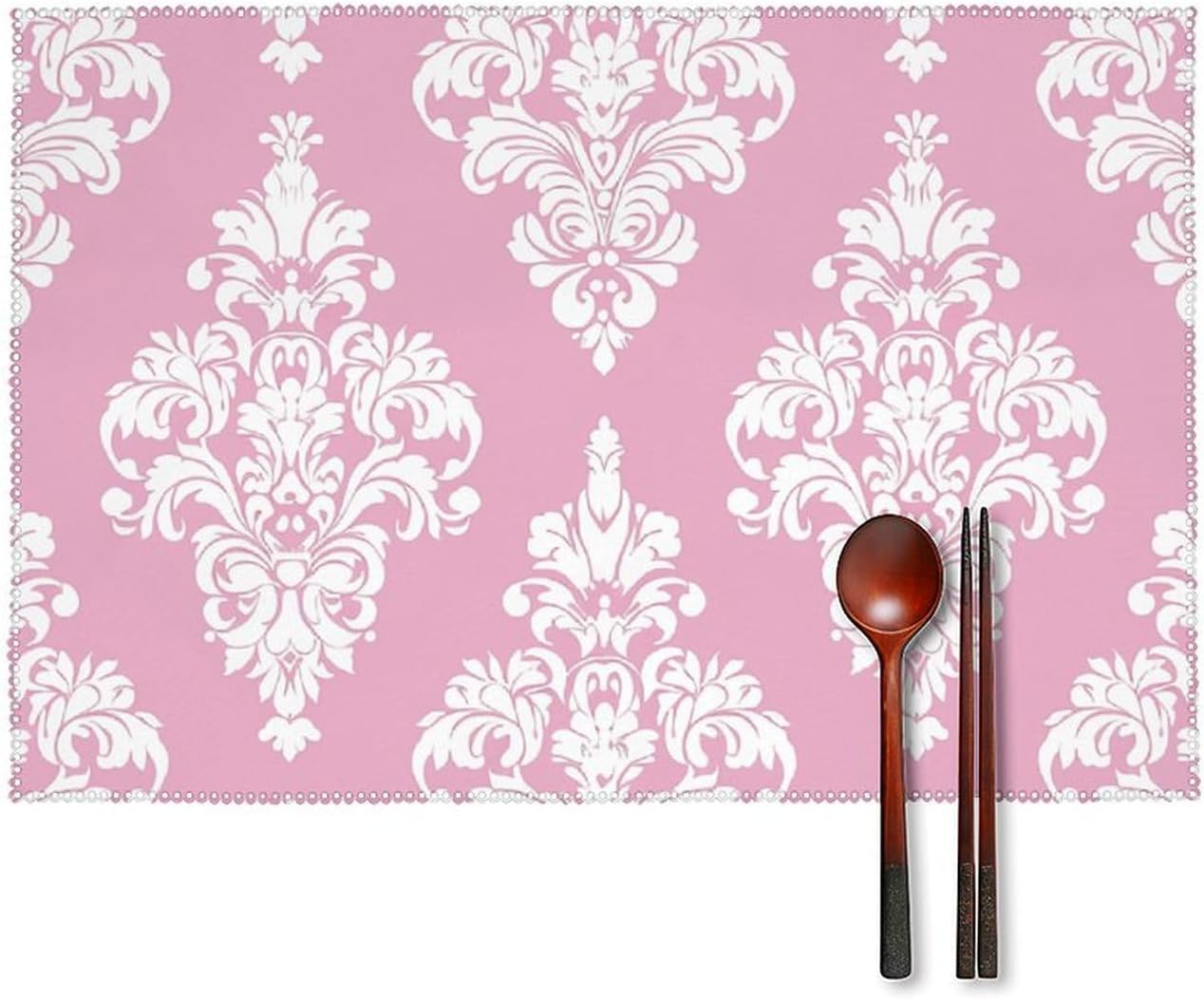 Peach Damask Pattern Placemats Set of 4 - Non-Slip Heat Resistant Place Mats Farmhouse Rustic Table Mats Reusable Hard Canvas Placemat for Dining, Kitchen, Party Indoor/Outdoor Decoration