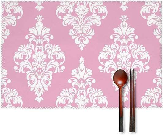 Placemats Set of 4 Heat Resistant Table Placemats Set Washable Easy Clean Placemat Durable Non-Slip Dining Table Mats Set Peach Damask Pattern Kitchen Place Mats for Dining Indoor Outdoor