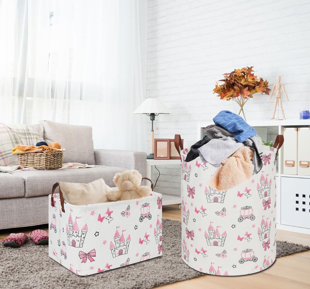 19.7" Laundry Basket,Kids Dirty Clothes Hamper,Waterproof Toys Storage Bin,Room Decor,Gift Baskets,Nursery Hamper(Pink Princess)