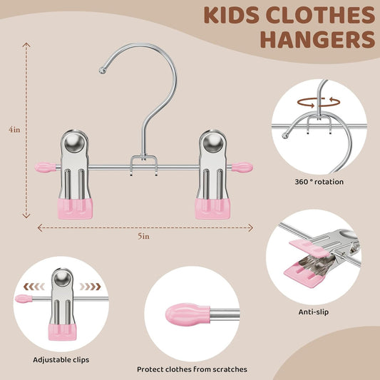 12 Pack Baby Hangers with Clips, 360°Rotatable Toddler Pant Hangers with Clips, Non-Slip Space Saving Kids Hanger for Newborn Children Clothes Skirts Boots Closet Organizers, Pink