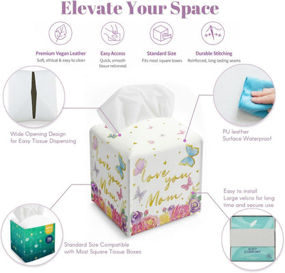 Pink Flowers Tissue Box Cover, Mother's Day Party Decorations, Waterproof Leather Paper Organizer Dispenser for Mother Days Party Supply, Gifts for Women, Mom, Grandma, Sister, Wife,K