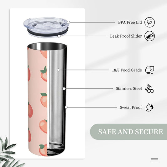 20oz Stainless Steel Tumbler with Lid & Straw, Pink Peach Pattern Insulated Coffee Travel Mug for Men Women, Straight Tumbler Cup for Hot & Cold, Reusable Tumbler for Home Office Car