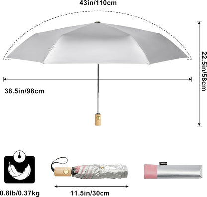 G4Free UPF 50+ UV Protection Travel Umbrella with Wooden Handle, 42 Inch Lightweight Sun Rain Folding Umbrellas Auto Open Close (Pink)