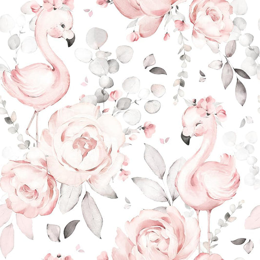 MuralPeel Cute Pink Floral White Grey Flamingo Peel and Stick Wallpaper Self Adhesive Removable Easy Peel Off Contact Paper Stick on Wall Paper for Bedroom Cabinet Renter Friendly