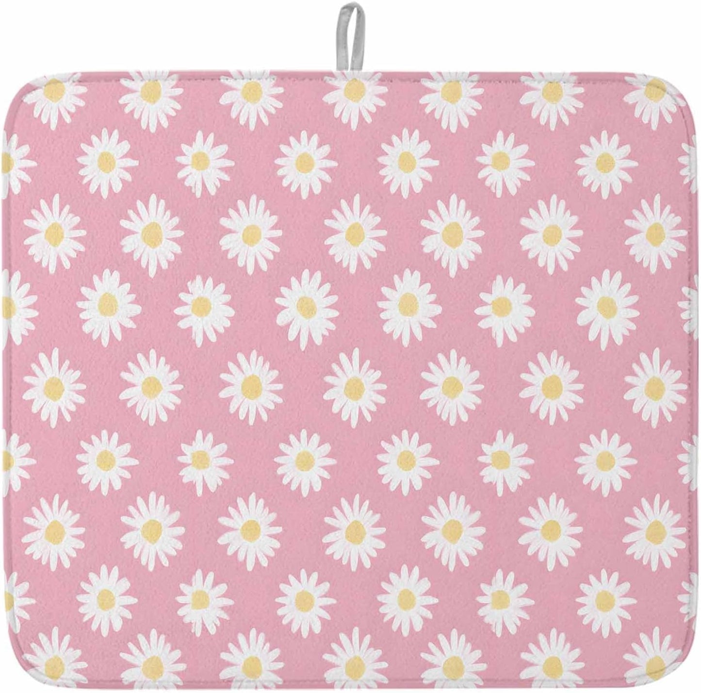 Dish Drying Mat White Daisy Floral Microfiber Absorbent Reusable Washable Dish Drying Rack Mat Light Pink Coffee Mat for Coffee Maker Bar Kitchen Countertops 18x24inch