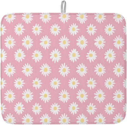Dish Drying Mat White Daisy Floral Microfiber Absorbent Reusable Washable Dish Drying Rack Mat Light Pink Coffee Mat for Coffee Maker Bar Kitchen Countertops 18x24inch