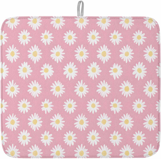 Dish Drying Mat White Daisy Floral Microfiber Absorbent Reusable Washable Dish Drying Rack Mat Light Pink Coffee Mat for Coffee Maker Bar Kitchen Countertops 18x24inch