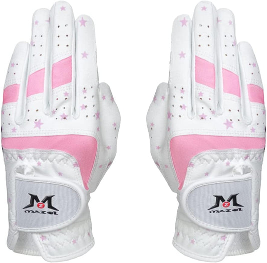MAZEL Kids Golf Gloves for Youth Toddler Boys Girls, Right & Left Hand (1 Pair) Mircofiber Breathable Junior Golf Gloves, White Red Pink Blue Black Stars Color,Age 2-8