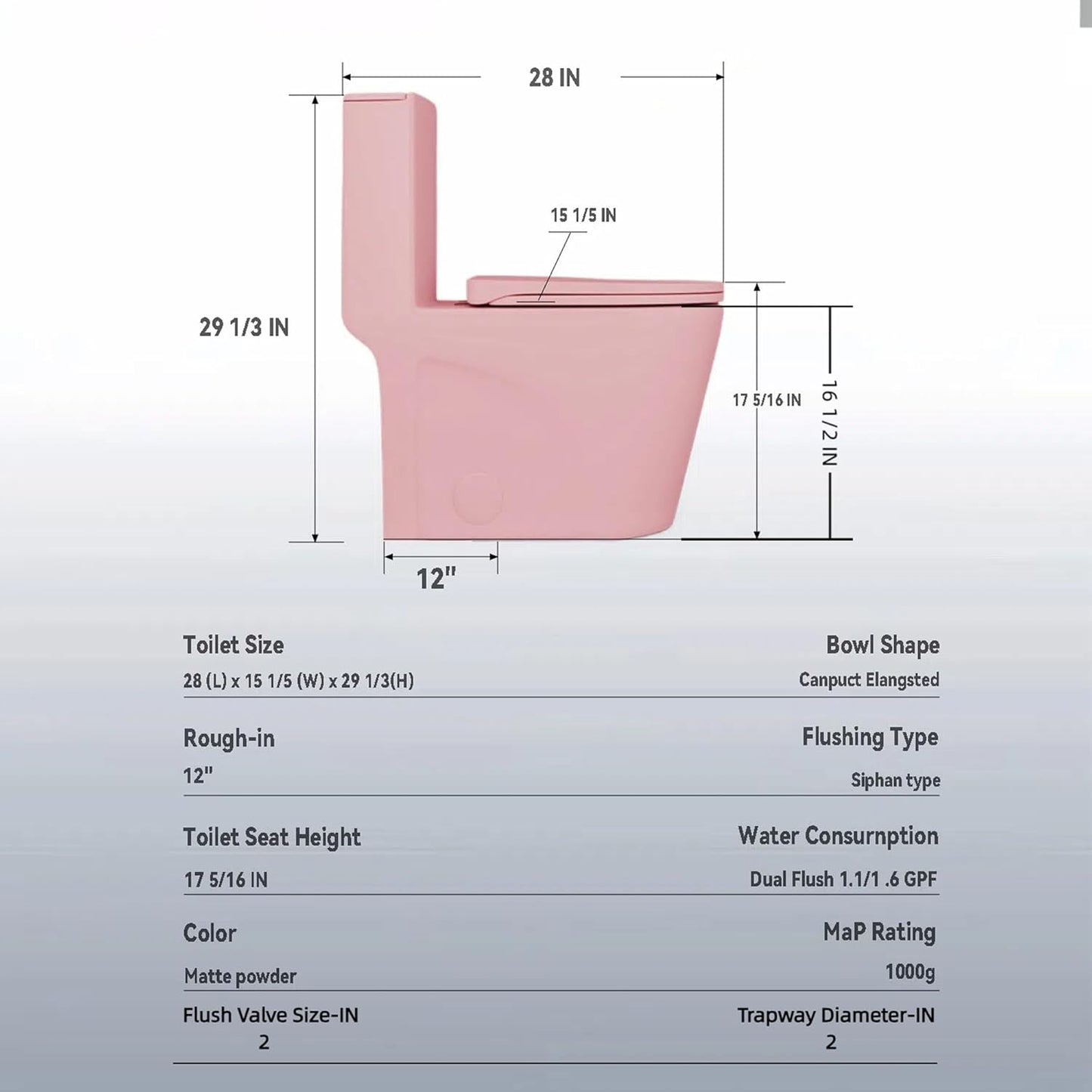 HRVEOCEI Dual Flush One Piece Toilets for Bathrooms, Compact Pink Toilet Elongated with Soft Closing Seat, Modern 12 Inch Rough in Toilet, Map 1000g, Comfort Height, Silent Design (Pink+31H)