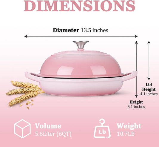 Round Bread Oven for Homemade Sourdough Bread Baking, Leonyo Enameled Cast Iron Dutch Oven Pot with Lid, 6 Quart, Pink