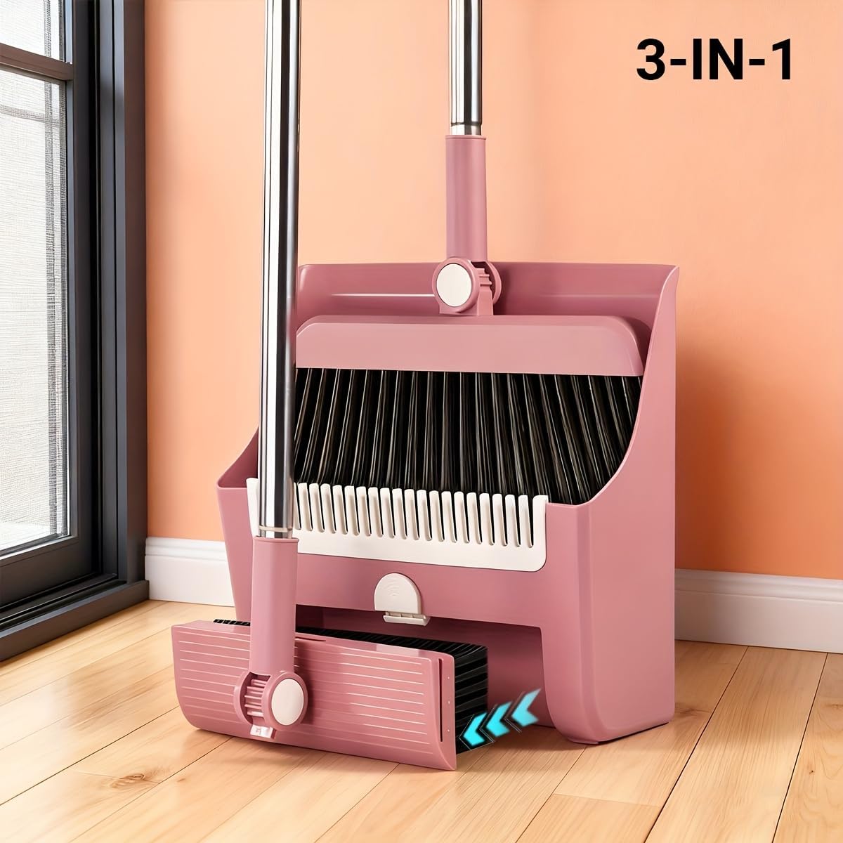 3in1 Broom and Dustpan Combo with Cleaning Teeth, Adjustable Long Handle, 180° Rotating Broom,Ideal for Pet Hair, Indoor Outdoor Heavy Duty Floor Sweeping (Pink)