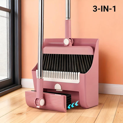 3in1 Broom and Dustpan Combo with Cleaning Teeth, Adjustable Long Handle, 180° Rotating Broom,Ideal for Pet Hair, Indoor Outdoor Heavy Duty Floor Sweeping (Pink)