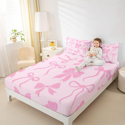 Feelyou Bow Fitted Sheet Queen Size for Kids Boys Girls Cute Bowknot Bed Sheets Set 16" Deep Pocket Soft Breathable Microfiber Pink Peach Bedding with 2 Pillowcases Room Decor