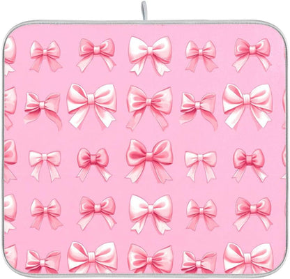 Dish Drying Mat for Kitchen Counter Cute Light Pink Ribbon Bows Absorbent Drying Dish Mat 16×18 inch Dish Rack Pad Coffee Mat for Sink Dishes Under Rack