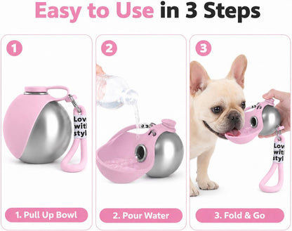 Portable Dog Water Bottle, 10 oz Stainless Steel Pet Travel Dispenser with Silicone Foldable Bowl, Leak Proof Tumbler, Dog Walking Accessories for Hiking and Small Pets (Pink)