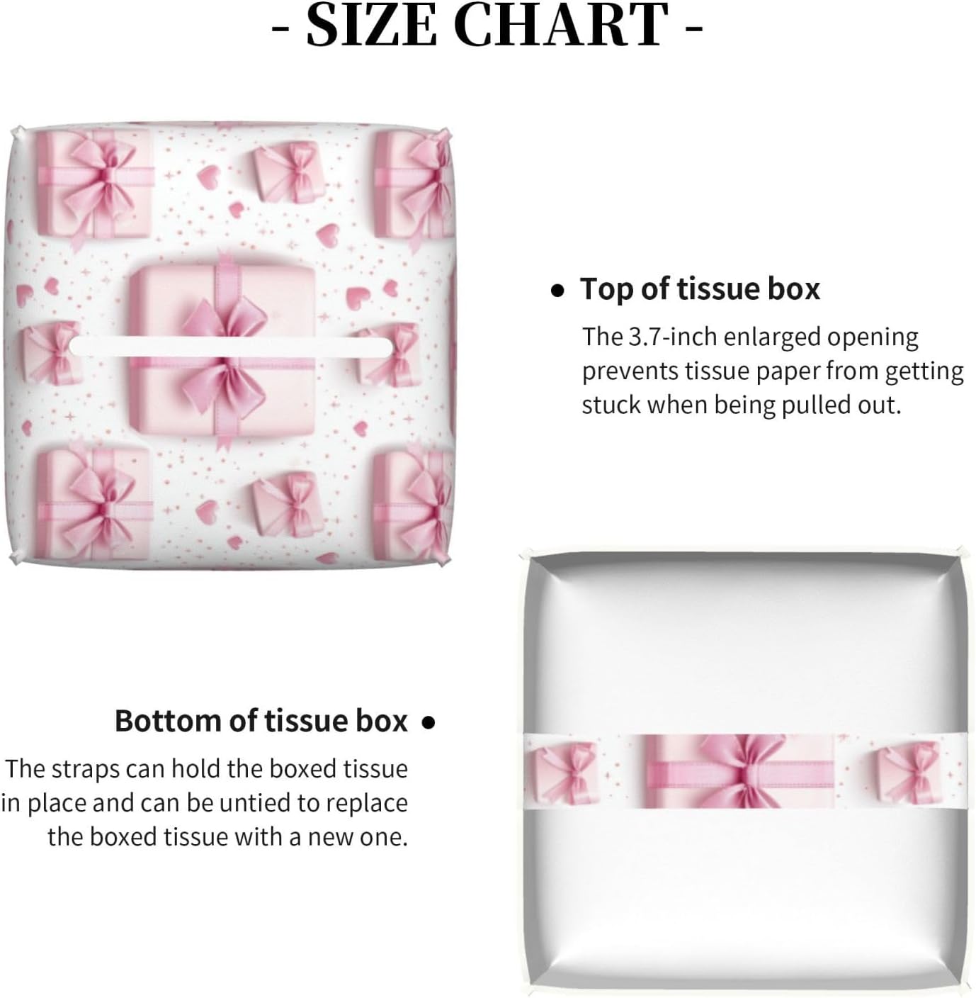 Pink Ribbon Box Print Tissue Box Cover Holder Cube, Foldable Leather Tissue Box Cover Square, Modern Decorative Organizer for Tabletop Bathroom Car Office Desk Decor