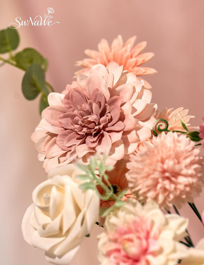 Pink Flowers Artificial Roses Combo Set Fake Pink Silk Flowers Faux Peony Flowers Mix Chrysanthemum Dahlia with Stems for Wedding Bouquets Baby Bridal Shower Party Floral Arrangements Decor