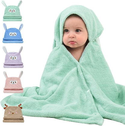 Coral Velvet Hooded Baby Towel - Cute Animal Print, Ultra-Absorbent & Quick-Drying for Newborn to Toddler 27.5x55 Inch, Machine Washable