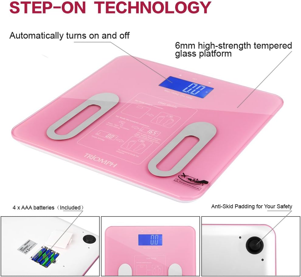 Triomph Precision Digital Bathroom Body Fat Scale with Backlit LCD Display, Body Composition Analyzer Measures Weight,Body Fat,Water,BMI,Muscle,Bone Mass and Calorie,400 lbs,Fat Loss Monitor,Pink