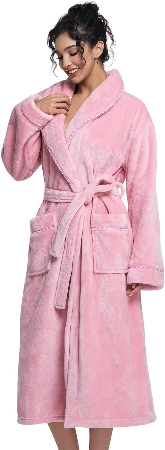 Womens Long Fleece Robe Soft Plush Robes for Women Warm Bathrobes Comfy House Coat Full-length with Pocket