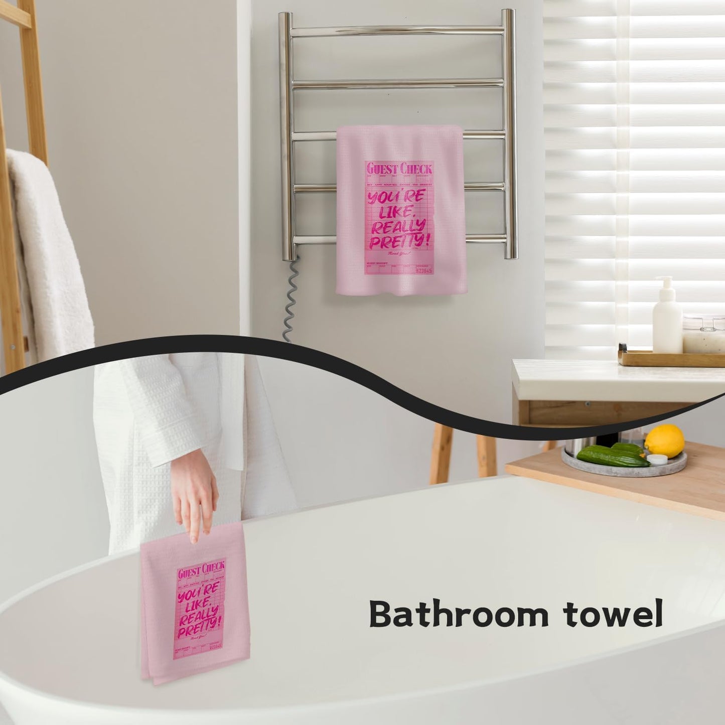 Funky Retro Pink Kitchen Towels, Preppy Pink Guest Check Hand Towels for Bathroom, You're Like Really Pretty Inspirational Dish Towels, Girly Bathroom Decor, Pink Kitchen Decor, 16x24 Inch