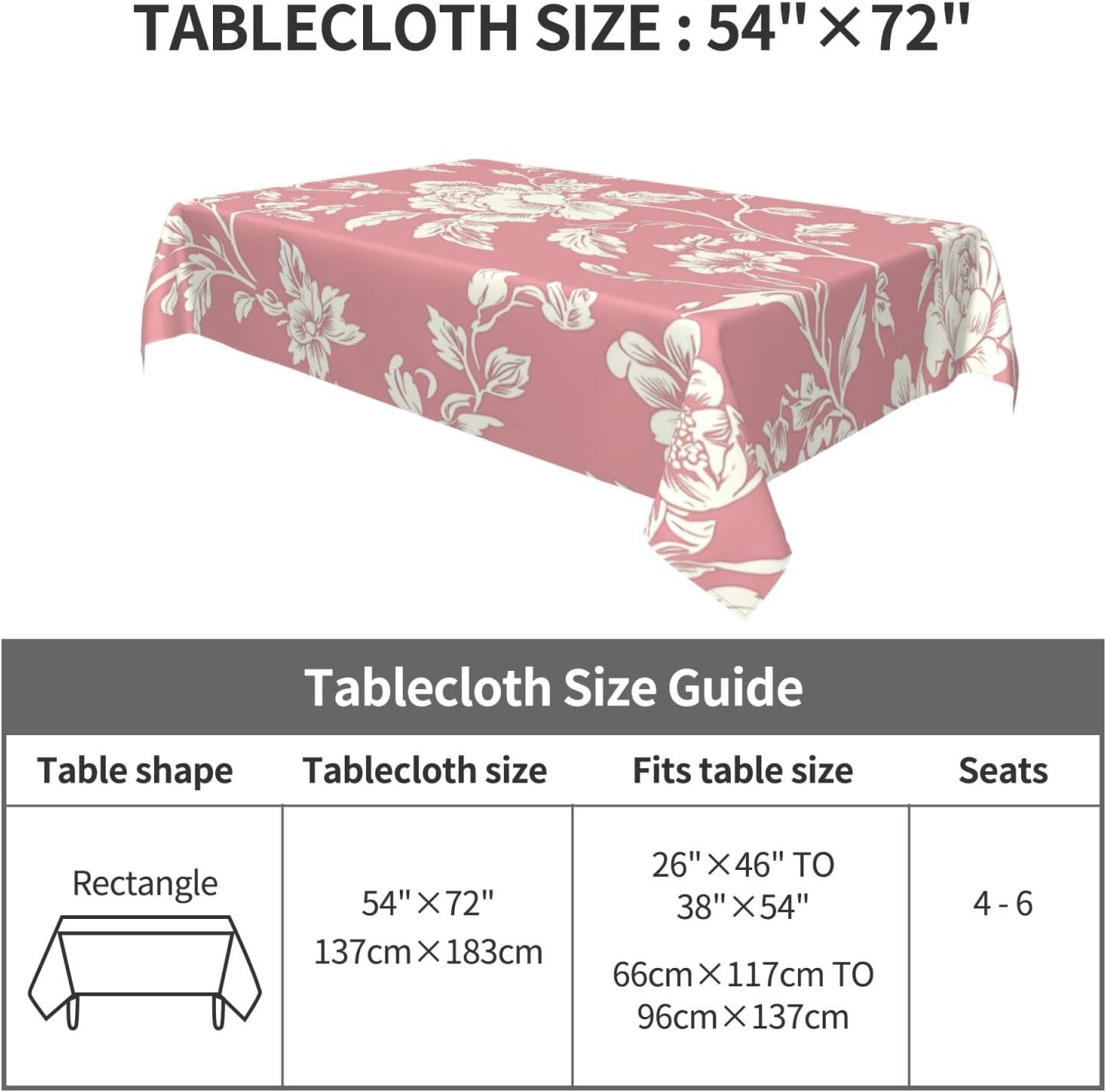 Minimalistic Pink Floral Pattern Rectangle Tablecloth, French Country Style Victorian Drop Shapes Table Cloth Dining Table Cover for Kitchen Restaurant Party Buffet Picnic, 52x70 Inch
