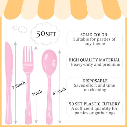 150 Pcs Light Pink Plastic Cutlery Set Disposable Pink Heavy Duty Plastic Knives Forks and Spoons Silverware Utensils Set for 50 Guests Birthday Wedding Party Disposable Flatware Sets