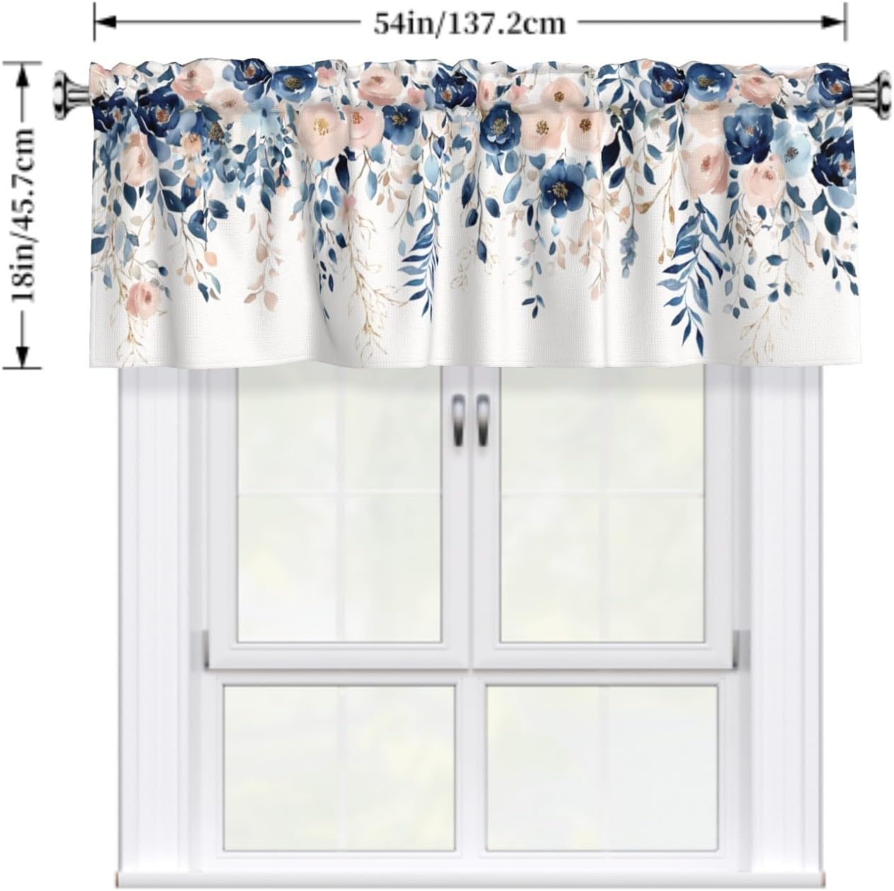 Navy Blue and Pink Floral Valances for Windows Watercolor Blooming Flower Kitchen Curtain Farmhouse Style Sheer Valance for Bedroom Living Room 54x18 Inch, 1 Panel