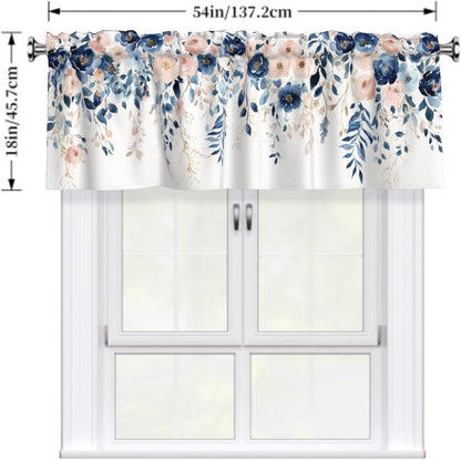 Navy Blue and Pink Floral Valances for Windows Watercolor Blooming Flower Kitchen Curtain Farmhouse Style Sheer Valance for Bedroom Living Room 54x18 Inch, 1 Panel