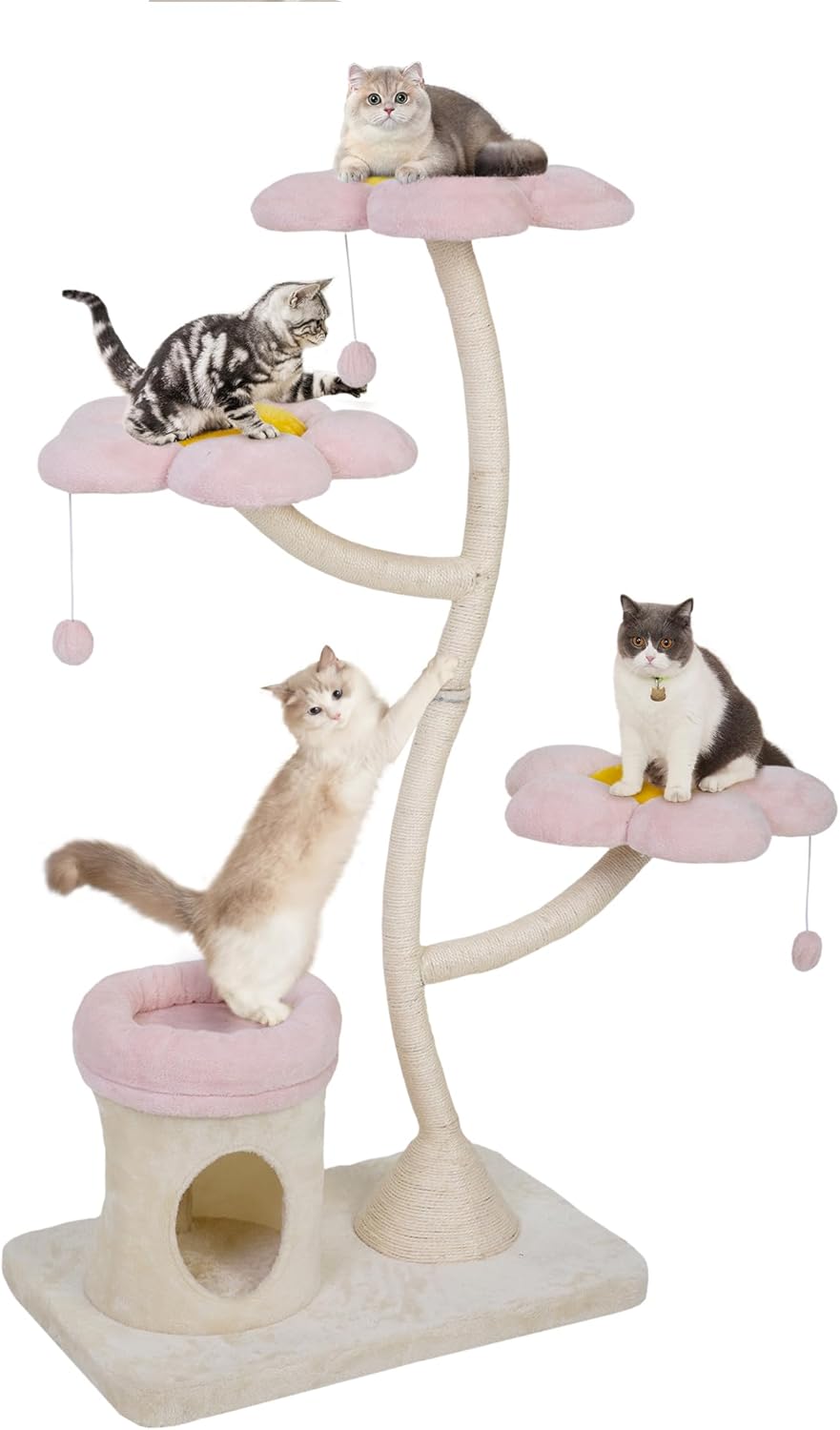 COZIWOW 57" Heavy Duty Cat Tree for Large Cats, Aesthetic Pink Metal Tube Cat Tower with Large Condo & Flower Perches, Multi-Level Indoor Cat House with Scratching Post