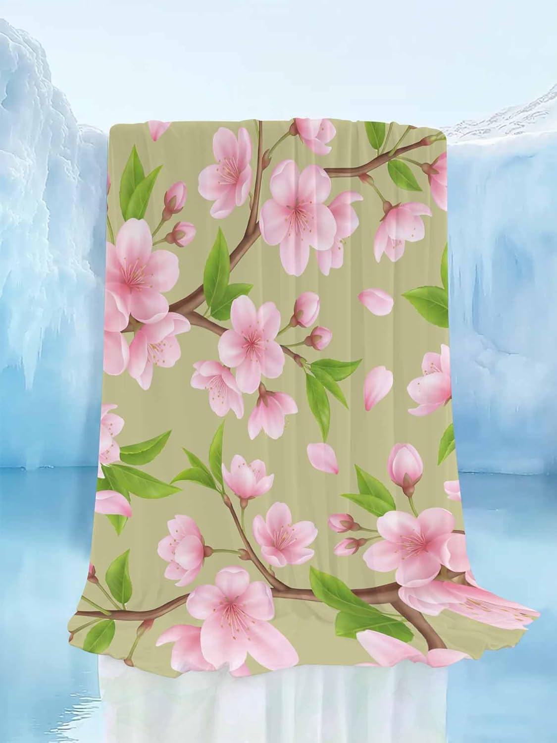 Cooling Blanket for Hot Sleepers, Pink Peach Flowers Lightweight Breathable Summer Blanket, Spring Botanical Watercolor Floral Green Double-Side Cool Throw Blankets for Sleeping Travel, 30"x40"