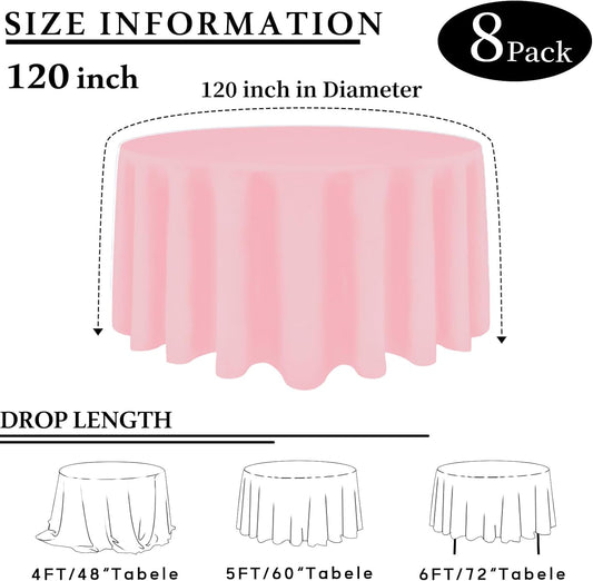 8 Packs 120 Inch Pink Round Tablecloth for Circle Tables, Washable Polyester Tablecloths, Wrinkle Resistant Table Cloth for Wedding Party Banquet Dining