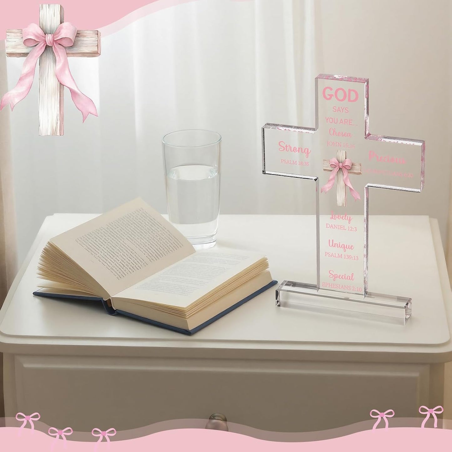 Novabright Pink Bow Room Decor, Pink Bow Christian Acrylic Cross Centerpieces, Inspirational Bible Verse Quotes Gifts for Women, Coquette Centerpieces Decor for Office Desk Accessories(Classic)