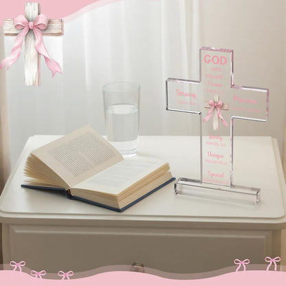 Novabright Pink Bow Room Decor, Pink Bow Christian Acrylic Cross Centerpieces, Inspirational Bible Verse Quotes Gifts for Women, Coquette Centerpieces Decor for Office Desk Accessories(Classic)