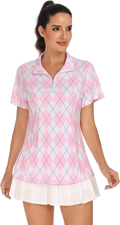 Tanst Sky Womens Golf Shirts Short Sleeve Zip Up Collared Quick Dry Workout Tennis Tops with Pockets