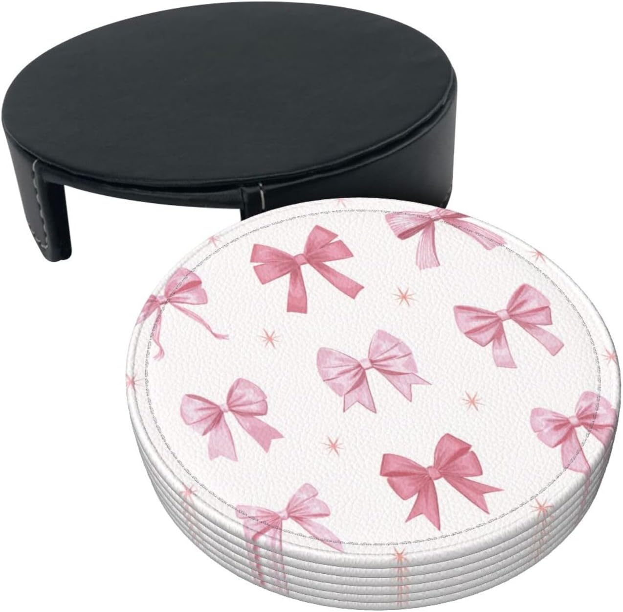 Nine Light Pink Bows Premium Leather Coasters, Set of 6 with Holder, Stylish Beverage Coasters for Kitchen Coffee Bar