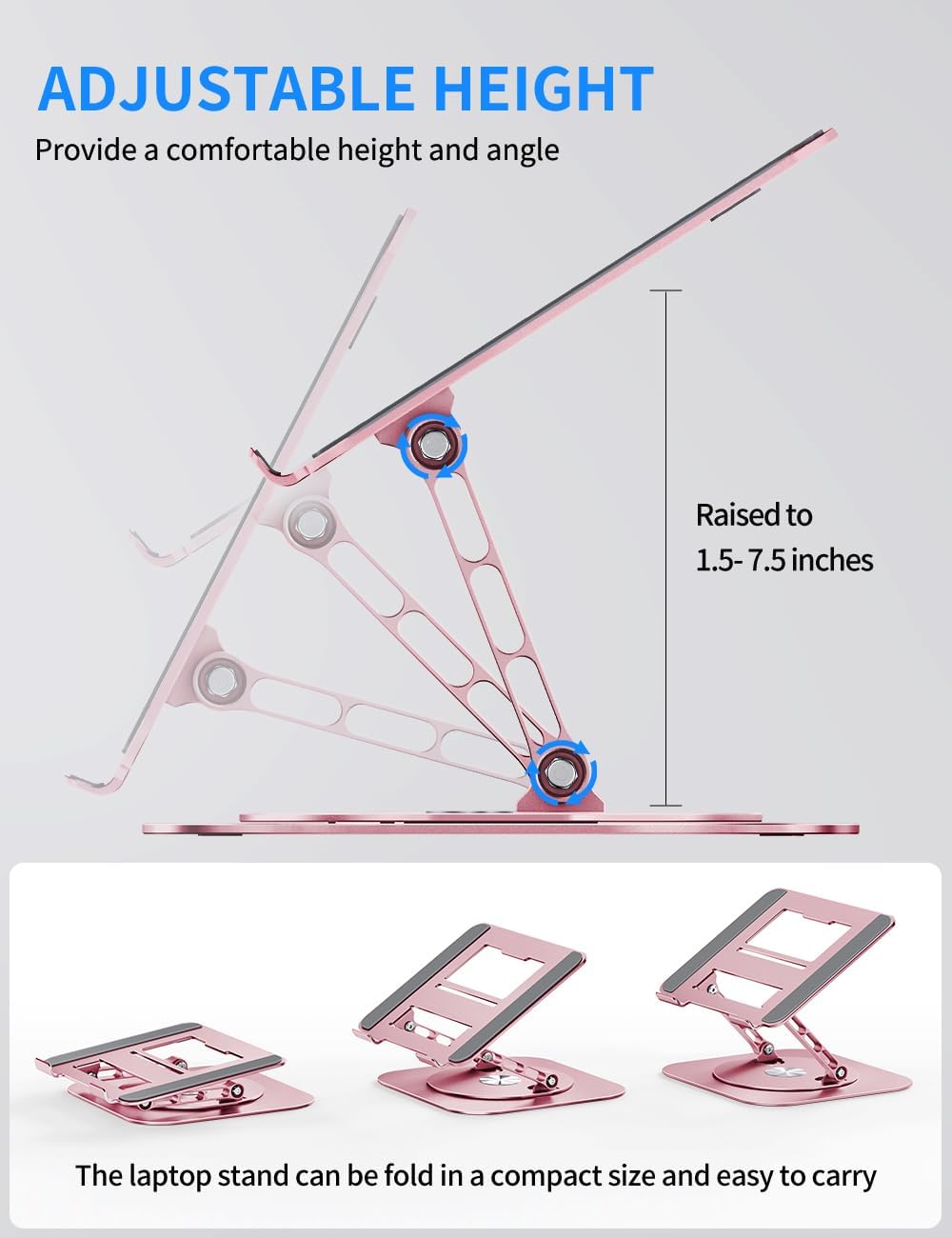 AOEVI Adjustable Laptop Stand with 360 Rotating Base, Computer Stand for Laptop Ergonimic Foldable Laptop Riser for Desk Compatible with MacBook Pro/Air Notebook up to 16 Inches,Pink