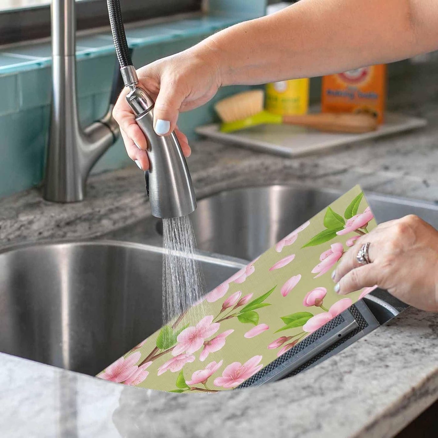 Pink Peach Flowers Placemats Set of 4, Washable PVC Kitchen Table Mats Place Mats, Spring Botanical Watercolor Floral Green Woven Vinyl Placemat for Dining Table, 13" x 19"