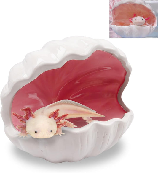 Axolotl Hide Shell Shape Ceramic Fish Tank Cave, Double Sided Glaze, Fish Tank Decor Shelter for Small Pet Frog Fish Betta (Extra Large, Pink)