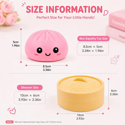 Pink Dumpling Squishies with Box,Squishies Dumplings Stress Relief Balls Fidget Sensory Toy,Bao Bun with Food Steamer Stretchy Desk Squeeze Toys