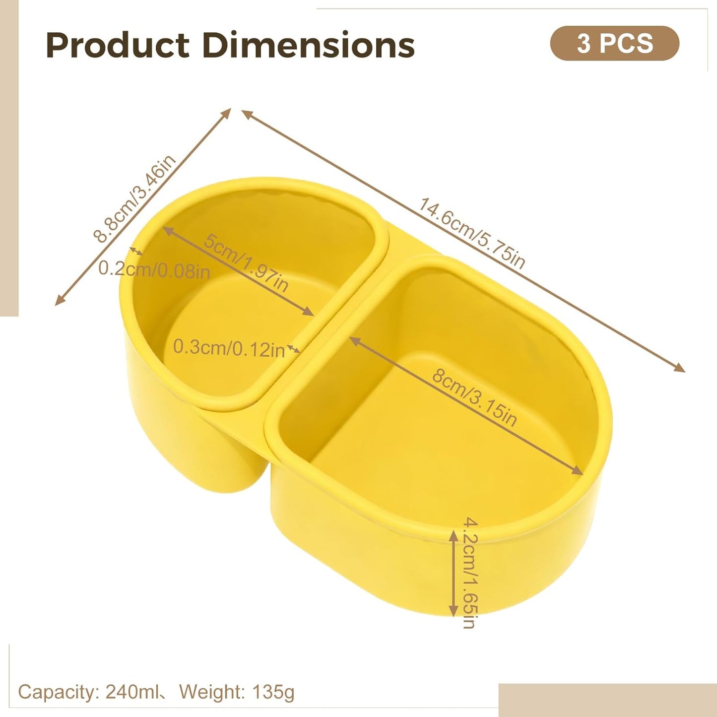 3 Pcs Silicone Double Compartment Snack Containers with Lids, Mini Food Storage Box, 5.7 x 3.5 x 1.7 in Portable Snackle Box for Condiments, Pink, Yellow, Green