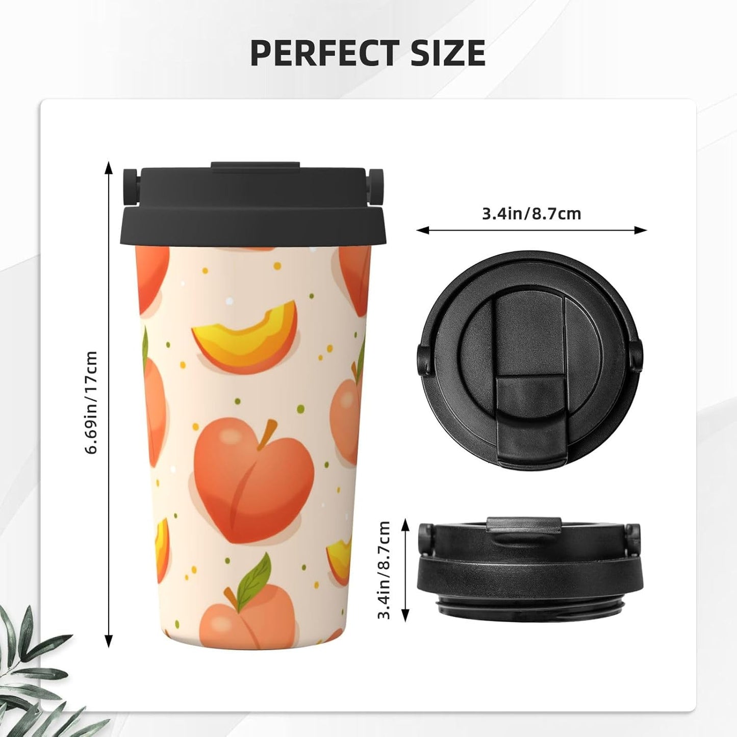 Apricot Peach Fruit Pattern Office Coffee Tumbler | Stainless Steel Travel Coffee Cup Double Wall Insulated Flip Lid Lightweight Portable Driving Mug